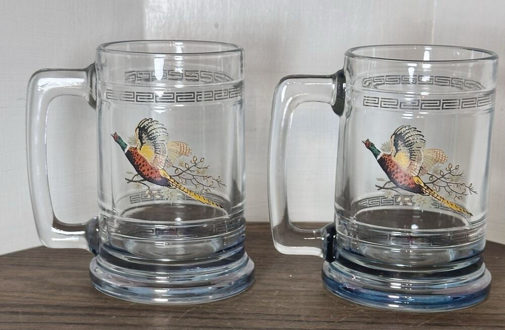 2 Princess House Pheasant Clear Glass Weighted Beer Mug Stein Hunting Game Bird